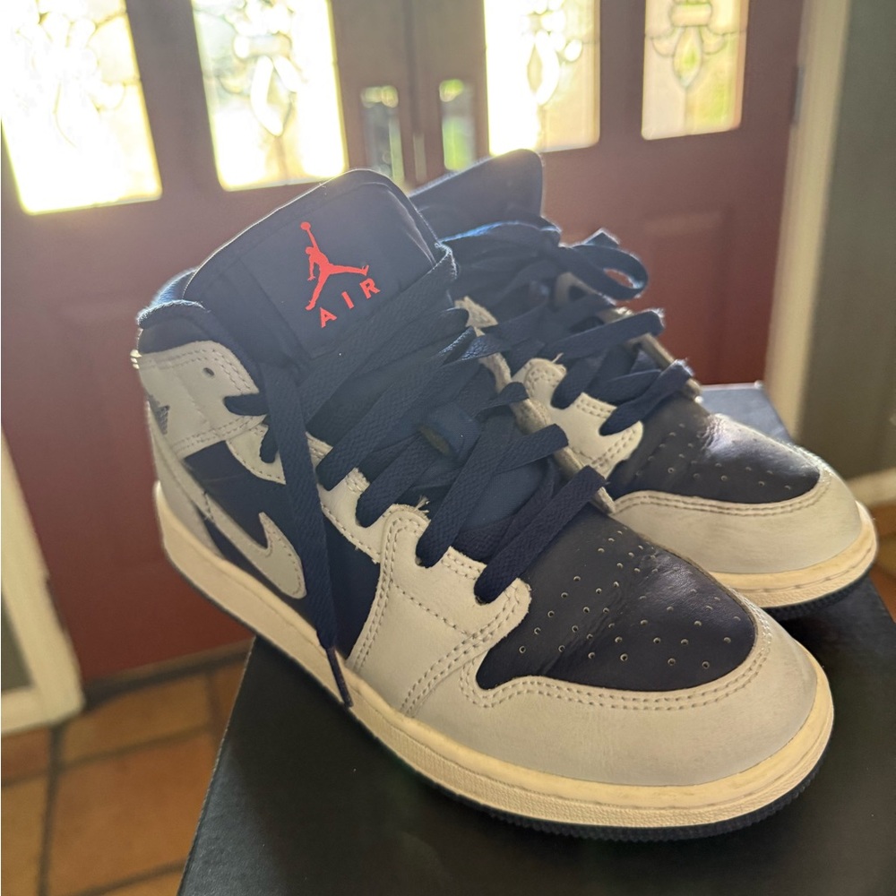 Nike Air Jordan 1 Mid White and Navy Leather Sneakers - Picture 4 of 7